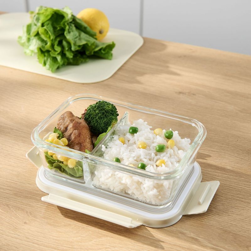 米色奶油风高硼硅玻璃饭盒微波炉加热透明分格密封耐热玻璃保鲜盒|undefined