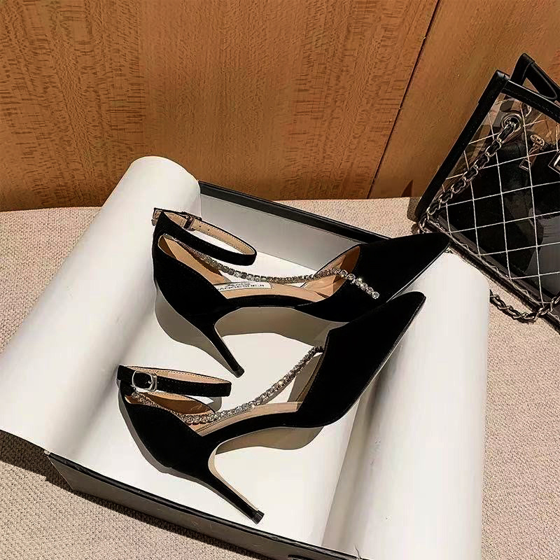 Women's high heels, 2026 summer new collection: rhinestone-studded, stiletto-heeled, open-toe, hollow-out sandals, sexy French-style pointed-toe flats for young women