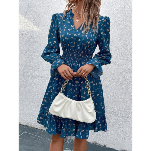 European and American women's clothing spring and summer fashionable floral V-neck printed long-sleeved chiffon dress