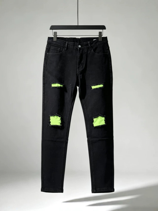 Jeans Rasgados Elásticos para Hombre en Mezclilla de Algodón, Corte Ajustado, Bloques de Color, para Uso Casual