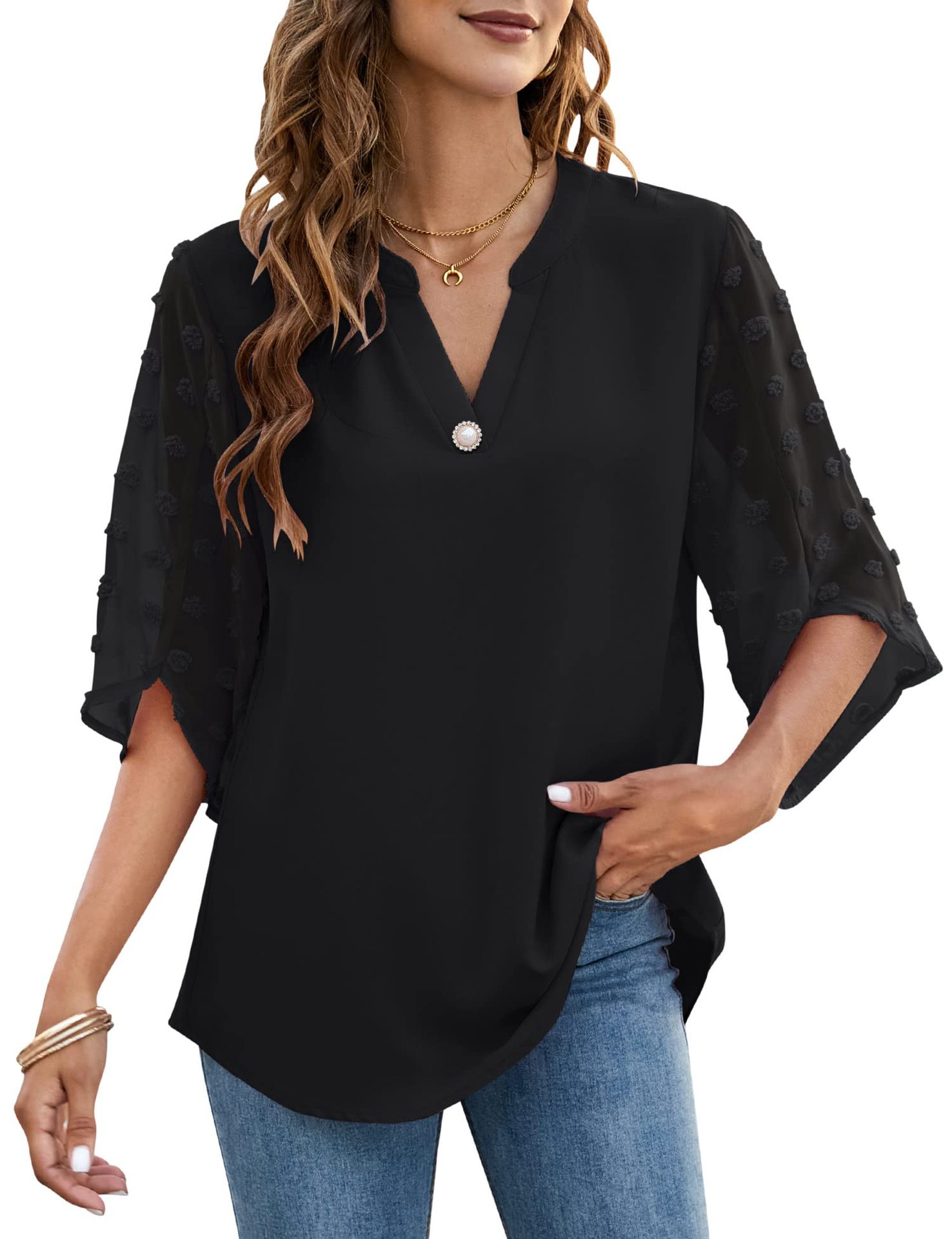 Transfronterizo 2022 Amazon europeo y americano superior de verano de las mujeres Bola de piel manga corta casual suelta con cuello en V camisa superior