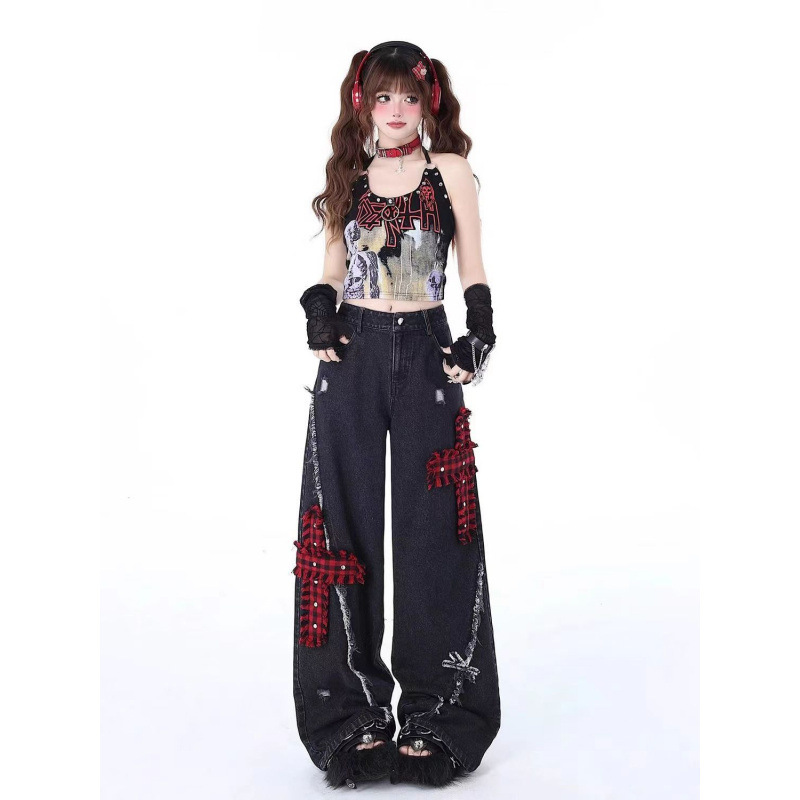 Rock Punk Ripped Wide-Leg Jeans for Women, New Sweet and Cool Design, High-Waisted, Loose and Drapey Straight-Leg Floor-Length Pants Rock Punk Ripped Wide-Leg Jeans for Women, New Sweet and Cool Design, High-Waisted, Loose and Drapey Straight-Leg Floor-Length Pants