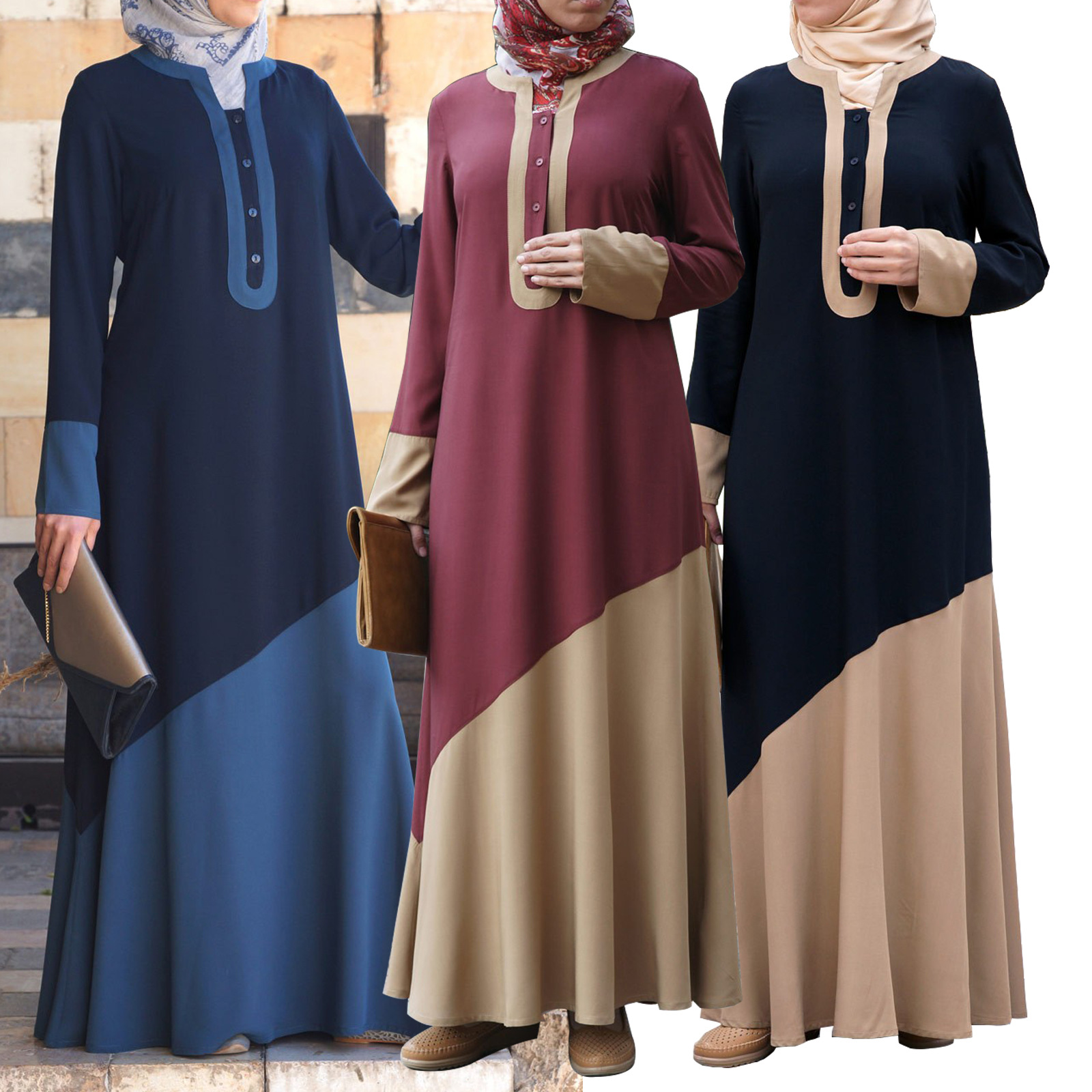 亚马逊速卖通中东迪拜阿拉伯女装 拼色长袖单排扣套头长裙Abaya详情1