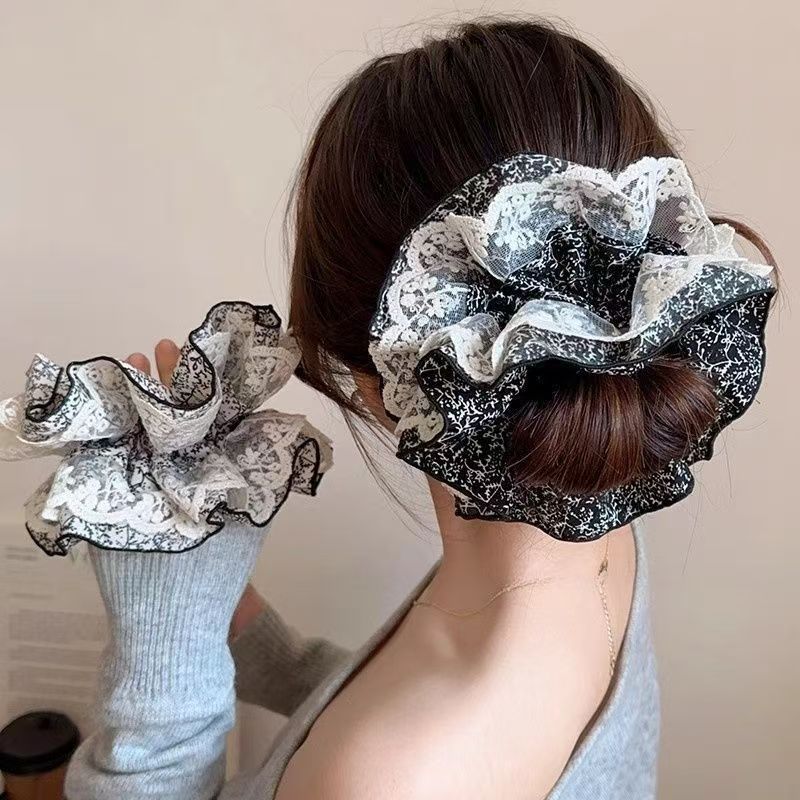 法式蕾丝碎花双层大肠发圈女高级感扎头发绳超大头花春季皮筋头绳|undefined