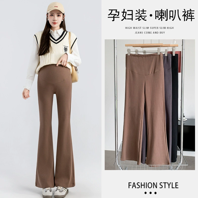 Брюки для беременных 2024 весна и осень новые толстые расклешенные брюки с резьбой и шлифовальные узкие брюки для беременных эластичные брюки