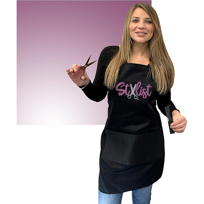 Delantal de poliéster de Amazon transfronterizo logotipo personalizado parche de diamante caliente manicura peluquero ropa de trabajo delantal al por mayor