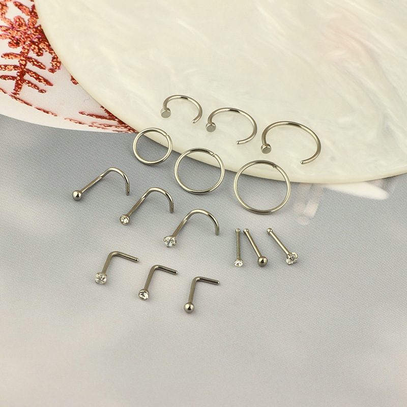 Stainless Steel Gem Diamond Nose Ring Stud Set - 15 Pieces Body Piercing Jewelry for Women Men detail image 7