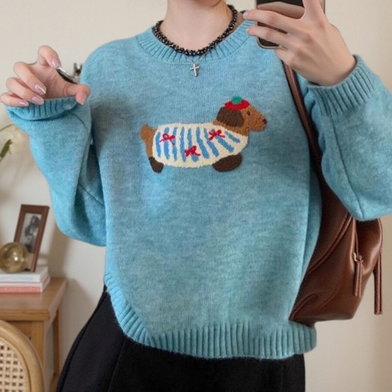 Cute puppy jacquard embroidered round neck slim-fit sweater, 2026 new autumn and winter versatile inner knit sweater for women Cute puppy jacquard embroidered round neck slim-fit sweater, 2026 new autumn and winter versatile inner knit sweater for women