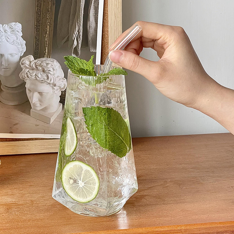 Taza de vidrio a rayas de diamante cuadrado, taza de frutas, taza de agua de burbujas de soda, taza de bebida fría, taza de agua potable