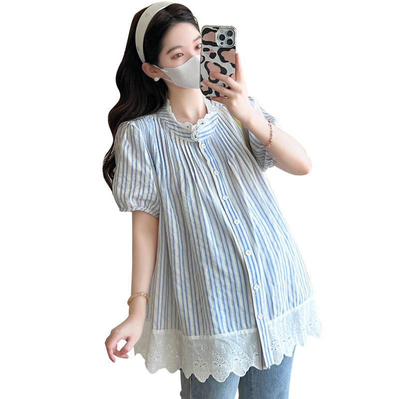 妊婦の夏の新型綿布のストライプの百シワのジャカードはレースの上着をつづり合わせて、口を開けて哺乳することができます。|undefined