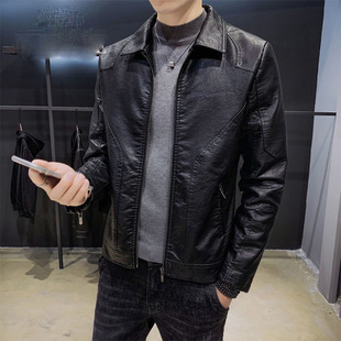 Men's Pu Leather Jacket with Fleece Lining, Autumn Casual Men's Leather Jacket, Turn-Down Collar, Middle-Aged Motorcycle Jacket