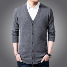 高档休闲真口袋男士V领开衫春秋季新款羊毛衫中老年薄款宽松外套