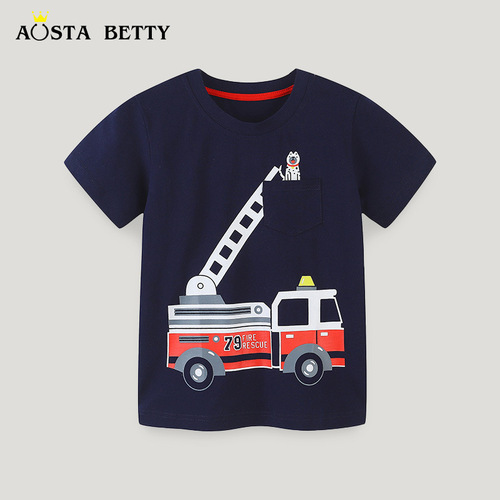 European and American style boys' short sleeve knit cotton summer small and medium children versatile T-shirt cartoon round neck baby base shirt