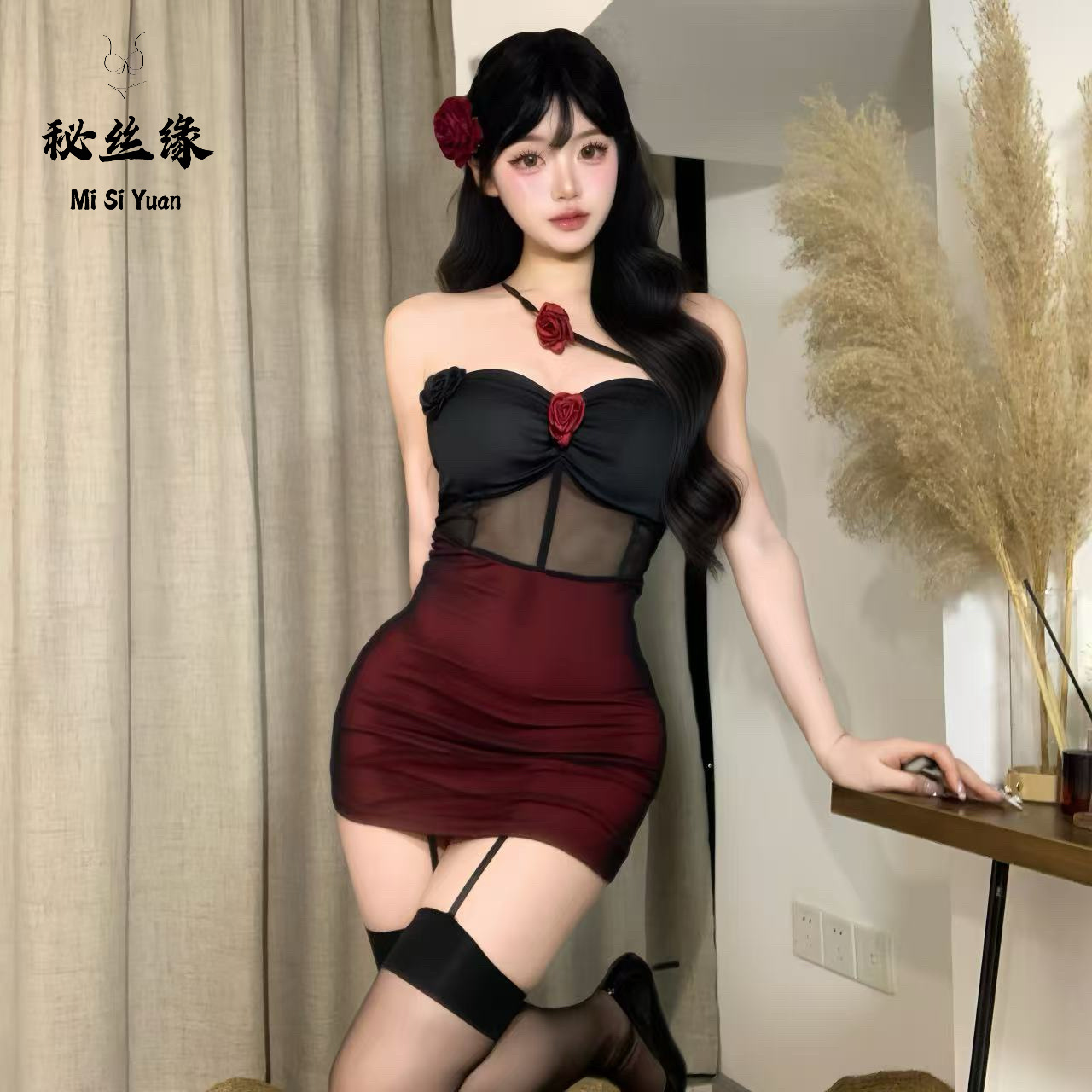 뉴 타이트힙 섹시 란제리 퓨어 핫 앤 핫 유니폼 로즈 레드 청삼 힙 스커트 파자마