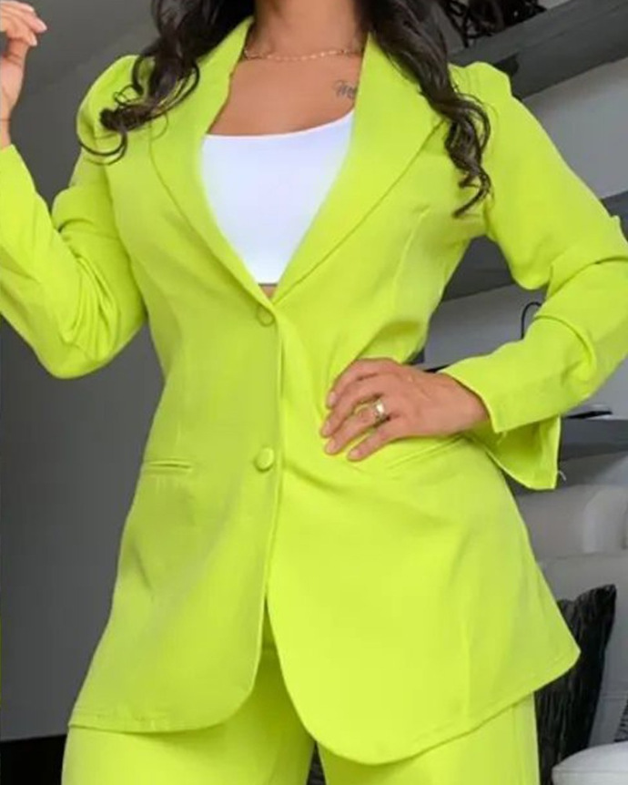 women's sets Women's and Elegant Solid Color Split Sleeve Lapel Suit Pocket Straight leg Trouser Set_voghion.com