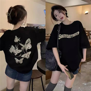 Trendy Chinese Style Ins Niche Butterfly Print Pure Cotton Short-Sleeve T-Shirt for Women, Summer High-End Loose Casual Top