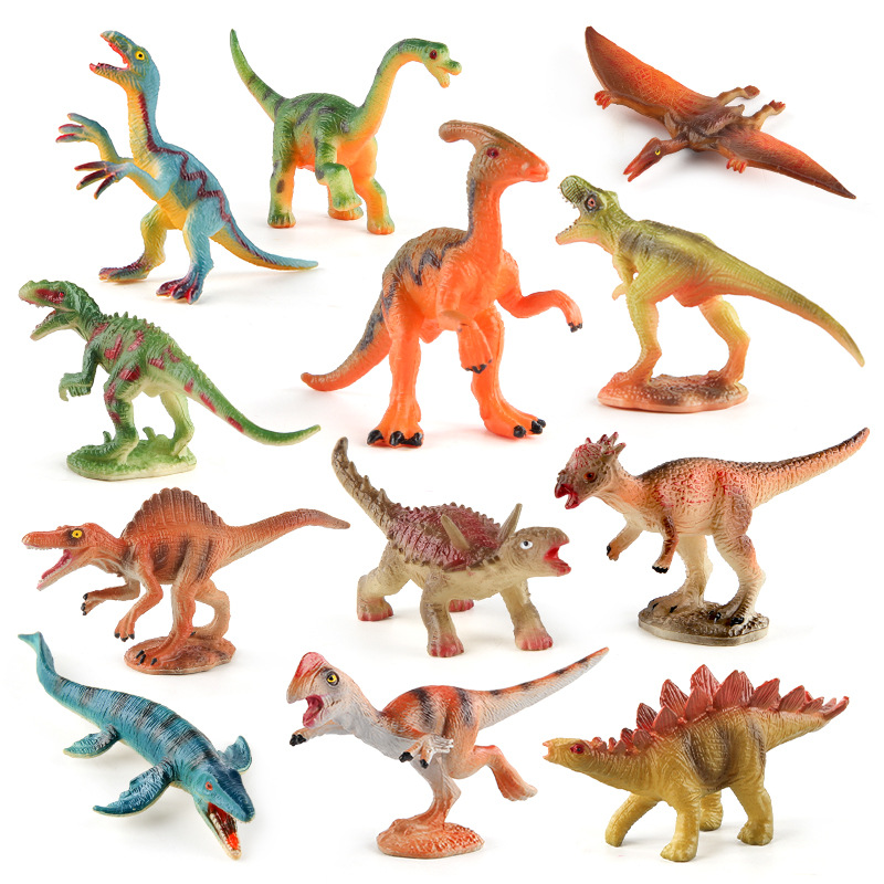 Serie de mini dinosaurios simulados de Amazon: Triceratops, Estegosaurio, Velociraptor, Pterodáctilo, Therizinosaurus, conjunto de modelos estáticos.