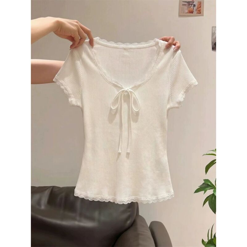 Korean-Style Chic White Ruffled Edge Bow Tie Short-Sleeve T-Shirt for Women, Summer New Waist-Cinching Slimming Pullover Top