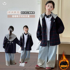 女童2025秋冬加棉加厚格纹外套中大童休闲保暖舒适连帽棒球服上衣