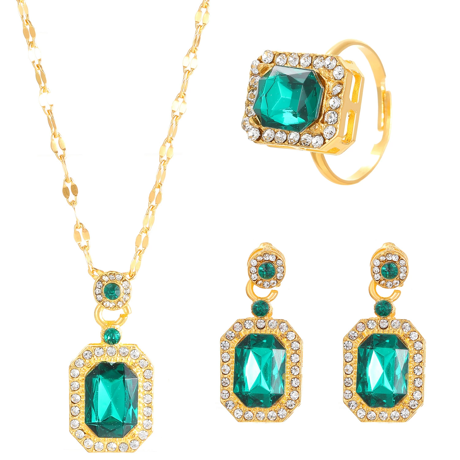 Комплект из 3 изделий ювелирных украшений — ожерелье, серьги и кольцо, европейский свадебный стиль, золотистый оттенок, блестящий