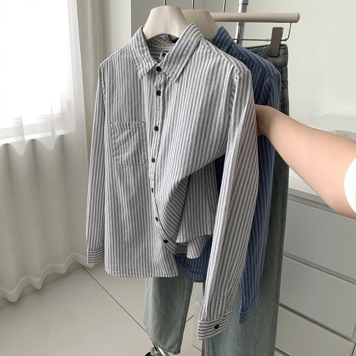 复古色织条纹衬衫女减龄韩版翻领口袋衬衣25秋季纯棉外搭开衫跨境