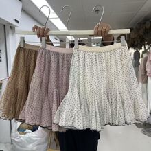 2026年夏季新款淑女松紧腰显瘦弹力A字网纱波点短裙半身裙女