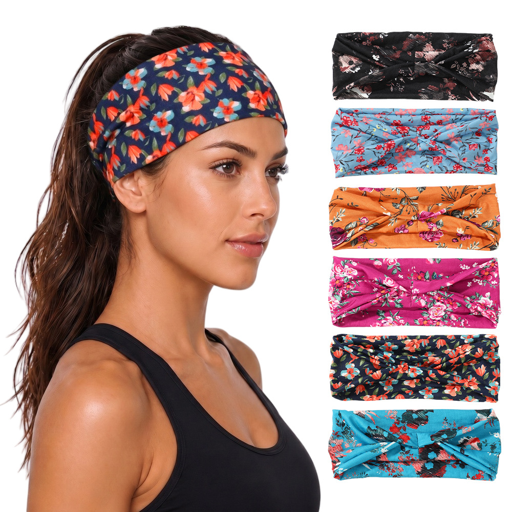 New Style Pastoral Floral Twist Wide Headband, High Elasticity, Breathable Yoga Sweat-Absorbing Headband, Cross-Border Women's Sports Hair Accessories