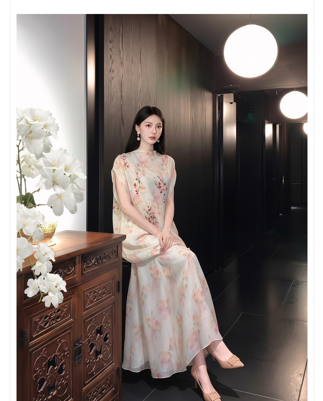 Bộ váy áo maxi thắt eo họa tiết hoa phong cách tân cổ điển — Trang chủ, bộ đồ, nửa váy chi tiết 3