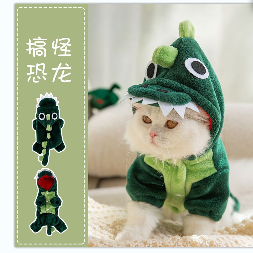 Franela otoño e invierno cálido gato lindo dinosaurio transformación traje Puppy Cat cuatro patas divertido mascota gato ropa