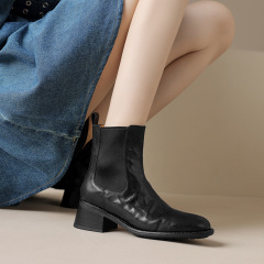Hand-grabbed pattern sheepskin boots 2023 new round head thick heel short boots for women autumn Chelsea boots retro boots