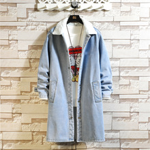 外贸现货2025秋冬加绒长款牛仔风衣大码纯色加厚中长款复古风衣男