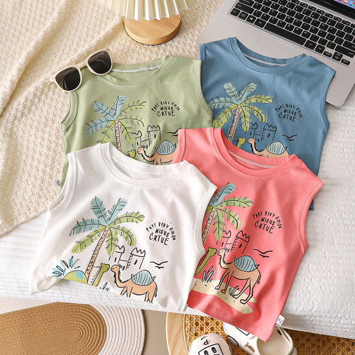 Boys 'pure cotton vest summer children simple loose sleeveless T-shirt hot stamping top outer wear T-shirt manufacturer