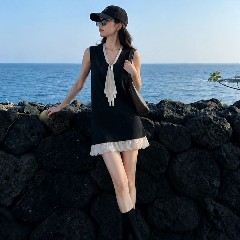 French-Style Sleeveless Patchwork Fringe A-Line Dress for Women, Summer Beach Vacation Short Dress, Black, Slimming, Elegant, Petite Size French-Style Sleeveless Patchwork Fringe A-Line Dress for Women, Summer Beach Vacation Short Dress, Black, Slimming, Elegant, Petite Size