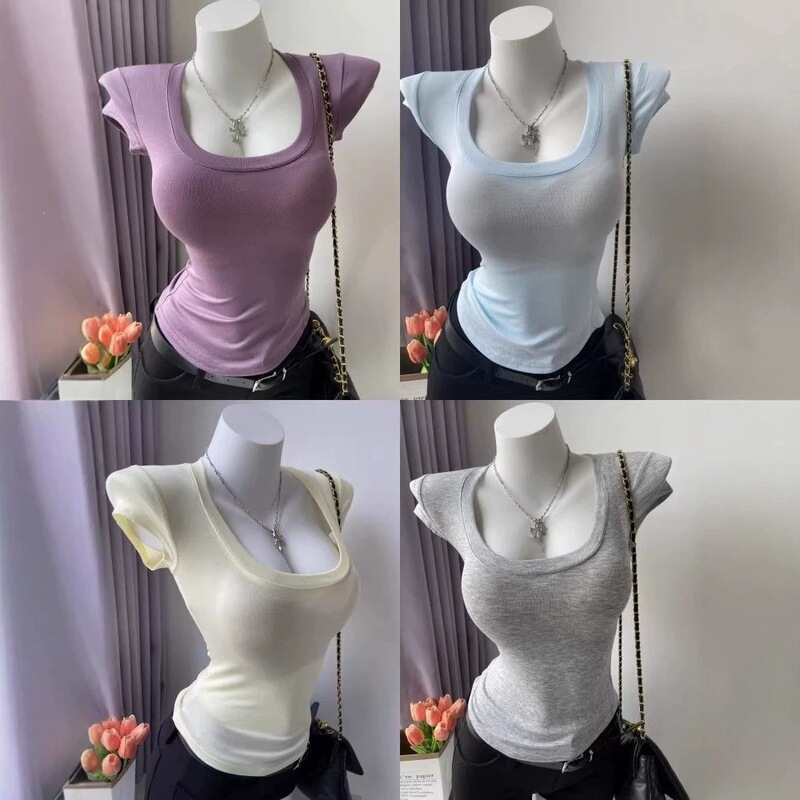 Modal Rayon U-Neck Short-Sleeve T-Shirt for Women, Lightweight, Slightly Sheer, Slim Fit, Waist-Cinching, Low-Cut, Sexy Hot Girl Top for Summer Modal Rayon U-Neck Short-Sleeve T-Shirt for Women, Lightweight, Slightly Sheer, Slim Fit, Waist-Cinching, Low-Cut, Sexy Hot Girl Top for Summer