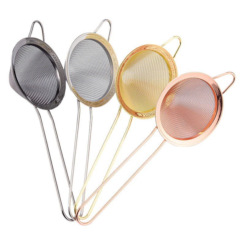 En stock suministro de acero inoxidable 304 cónico de oro rosa colador de cóctel Filtro de hielo