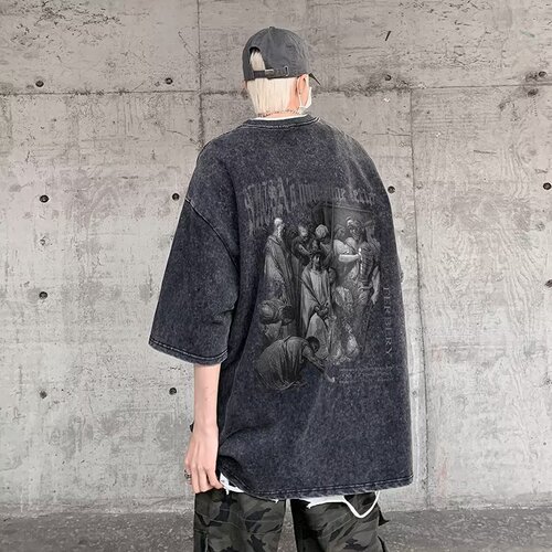 Vintage Washed American Style Men's Summer Streetwear Hip-Hop Short Sleeve T-Shirt Loose Casual Half-Sleeve Tee