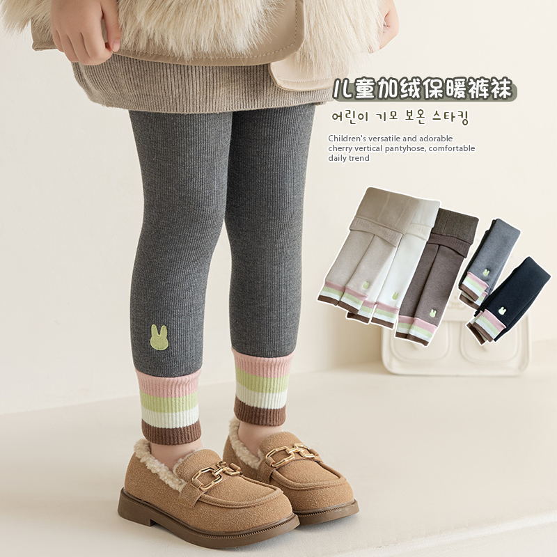 Girls' Leggings Fall/Winter fleece-lined Thickened Children's Warm Pants Cartoon Rabbit One-piece Velvet Cropped Pants for Outer Wear