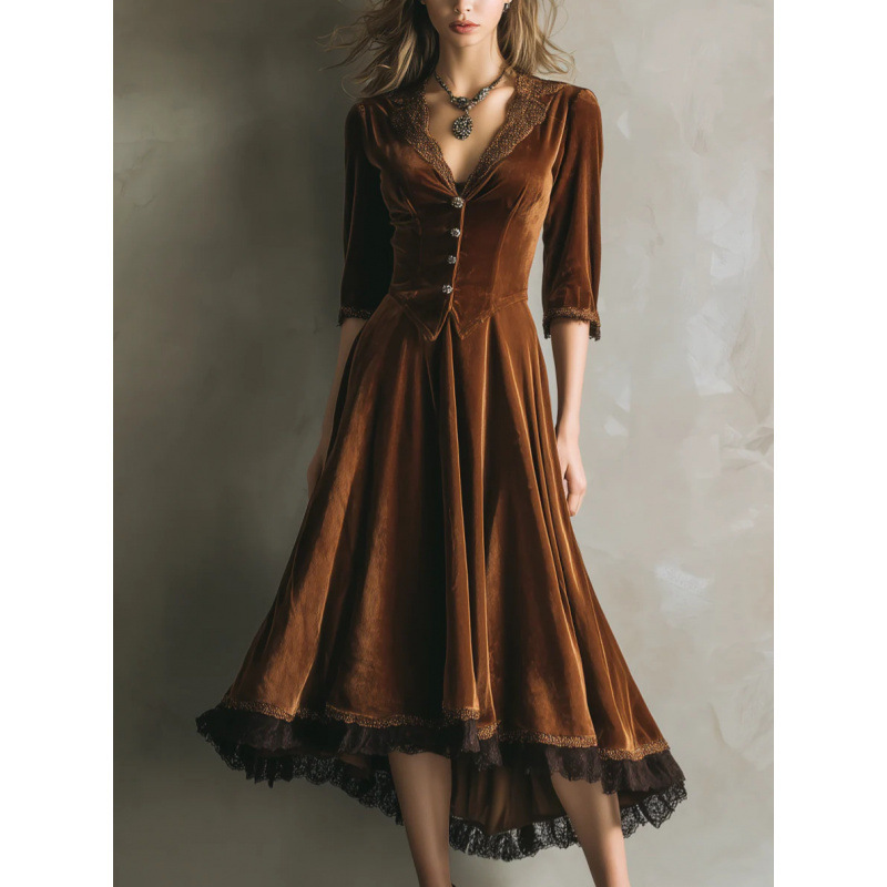 Women's Street Hipsters, Western Style, Autumn And Winter Velvet Patchwork, Lace Swing Dress_ecoleips.com
