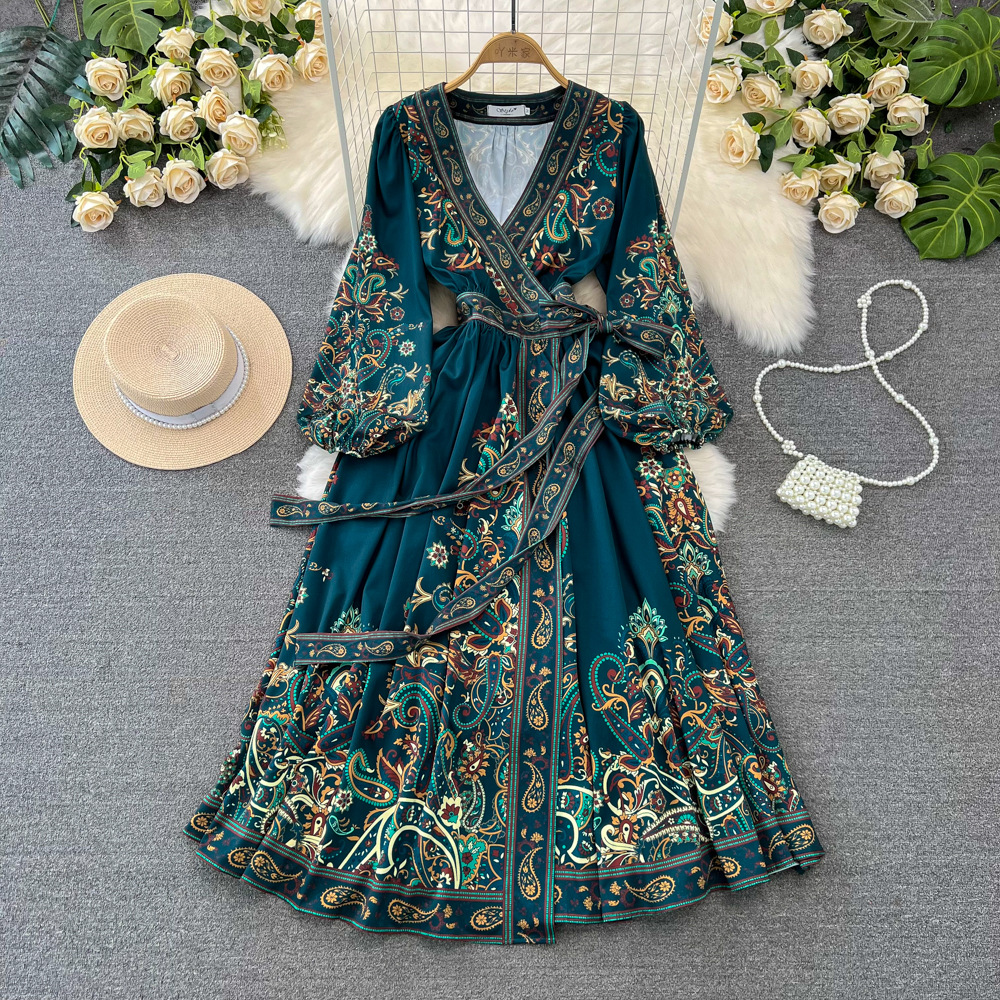 Retro Court Style Lantern Dress Long Sleeved V Neck Belted a Line Printed Elegant Full Skirt for Women_ecoleips.com