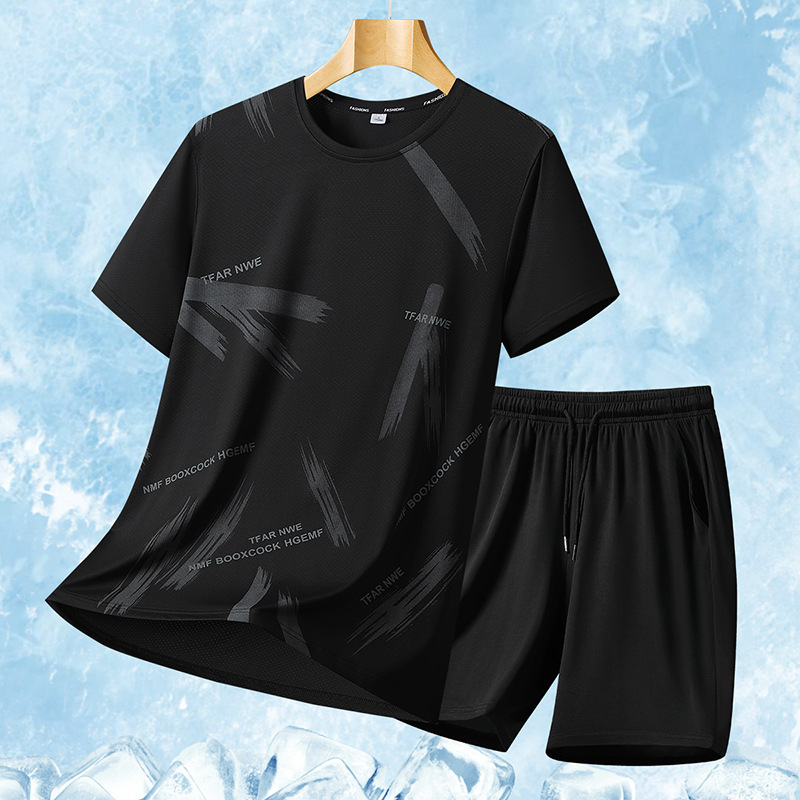 2025 nuevo traje de manga corta de seda de hielo real para hombre de verano, pantalones de dos piezas para hombre, traje de ocio deportivo, pareja al aire libre