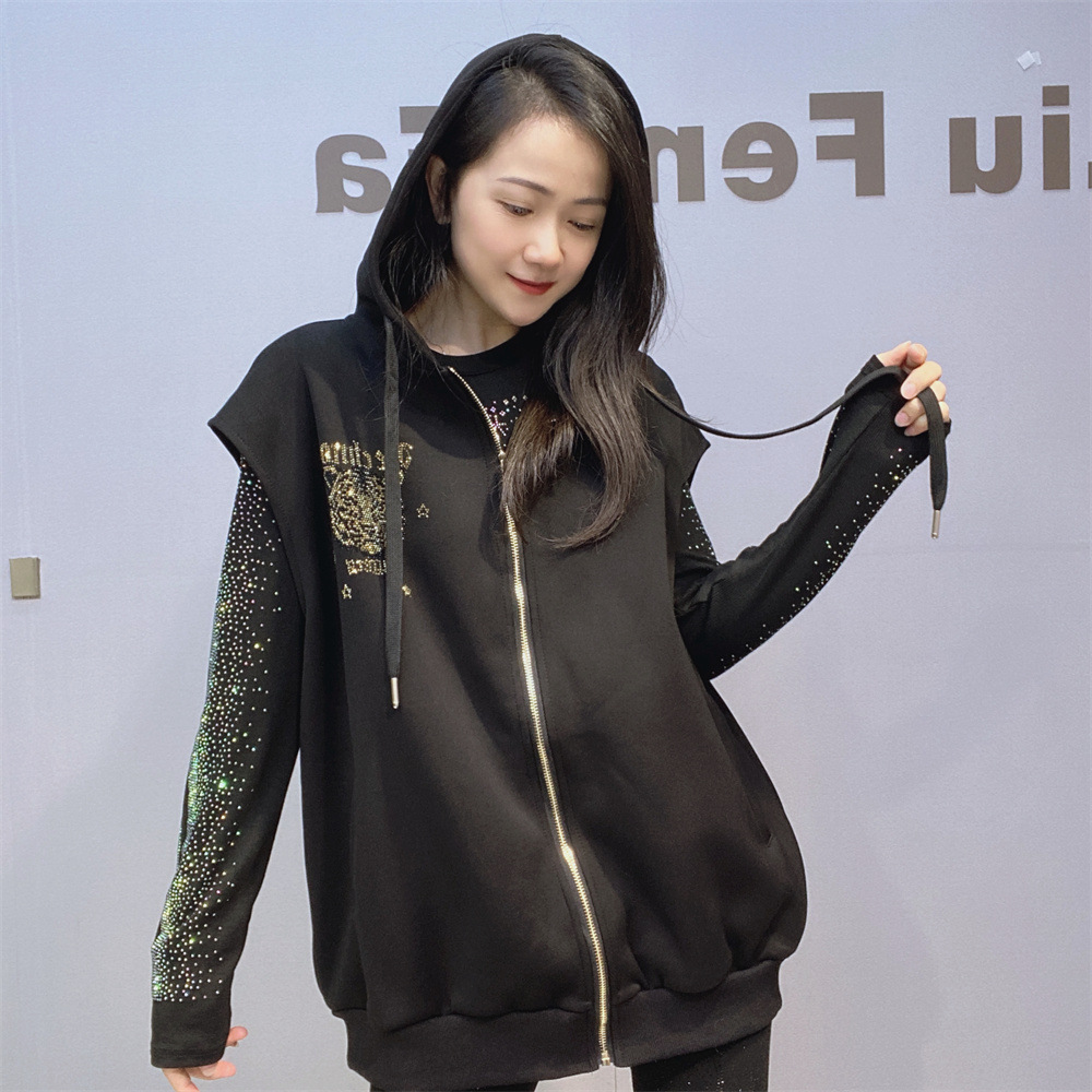 Chaleco de talla grande de gama alta para mujer transfronteriza Cárdigan suelto con cremallera de diamantes Fat mm estilo occidental con capucha chaqueta invierno