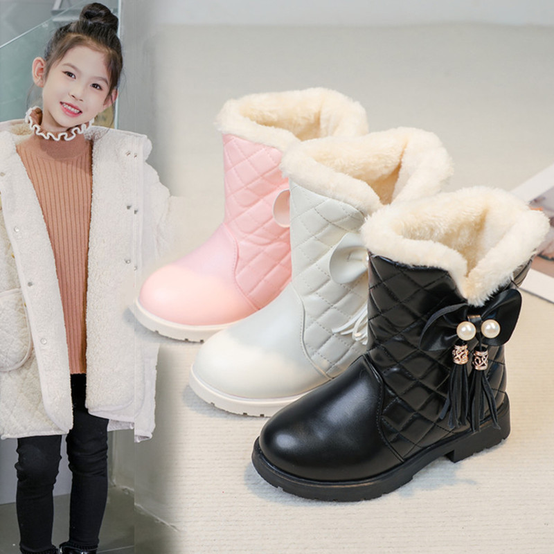 Children's Snow Boots Girls' Boots Winter 2025 New Thickeneded Warm Princess Boots Medium and Large Kidsren's Girls' Large Cotton Boots