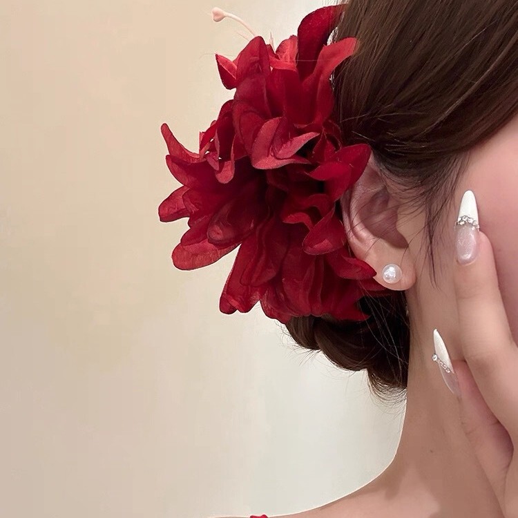 原创【红酒探戈】新中式红色花朵发夹女古风旗袍侧边夹子头花发饰|undefined