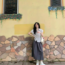 学院风套装女撞色条纹polo领短袖衬衫夏季高腰百褶裙半身裙两件套