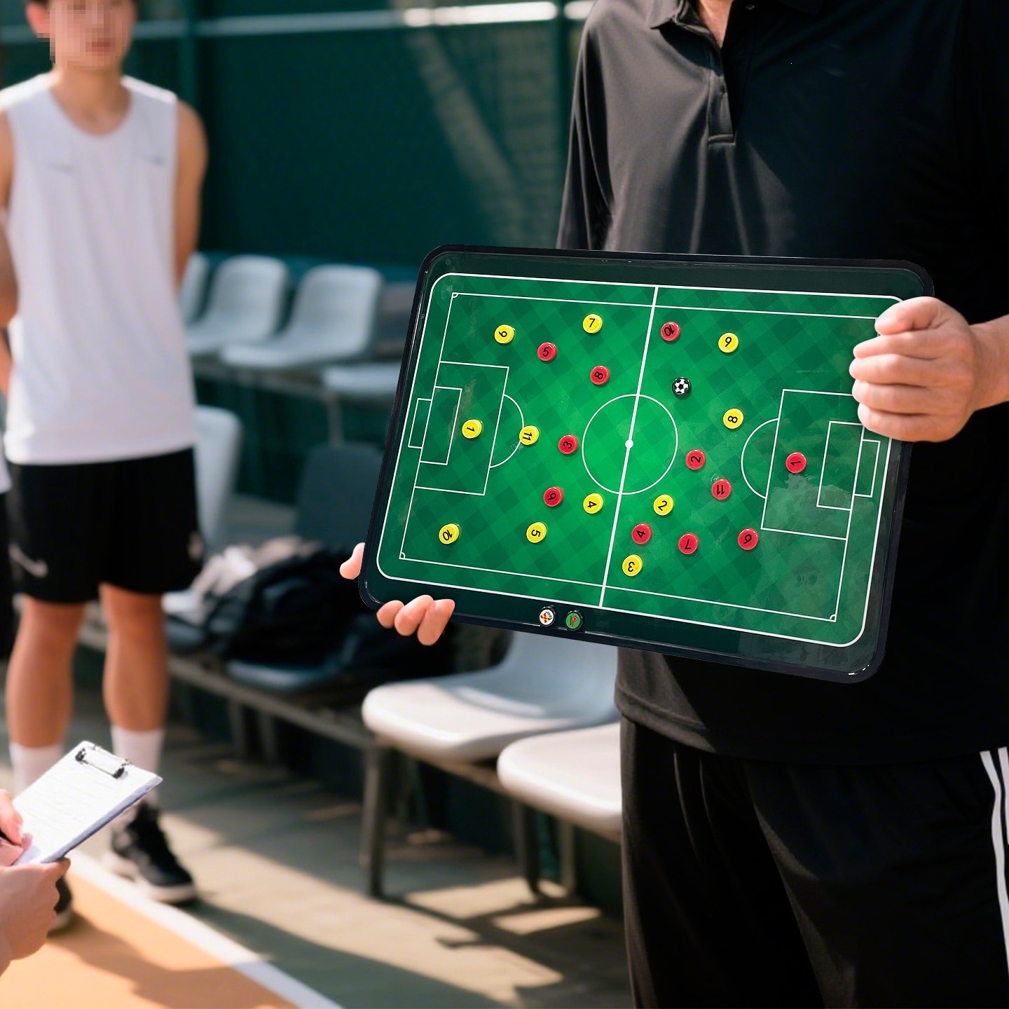 Handheld double-sided magnetic football tactics board, coach board, for coaches to use in demonstrating and training during matches