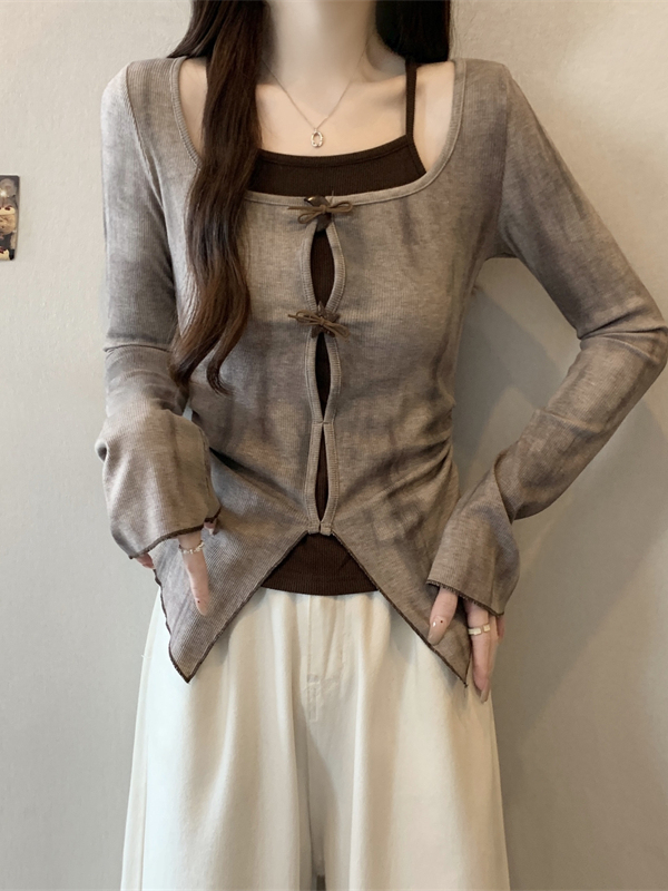 美式扎染假两件长袖T恤早秋2025新款大码女装胖mm巨好看小衫上衣|undefined