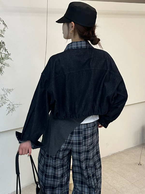 休闲牛仔短外套女2025秋新款气质翻领格子拼接单排扣夹克宽松上衣|undefined
