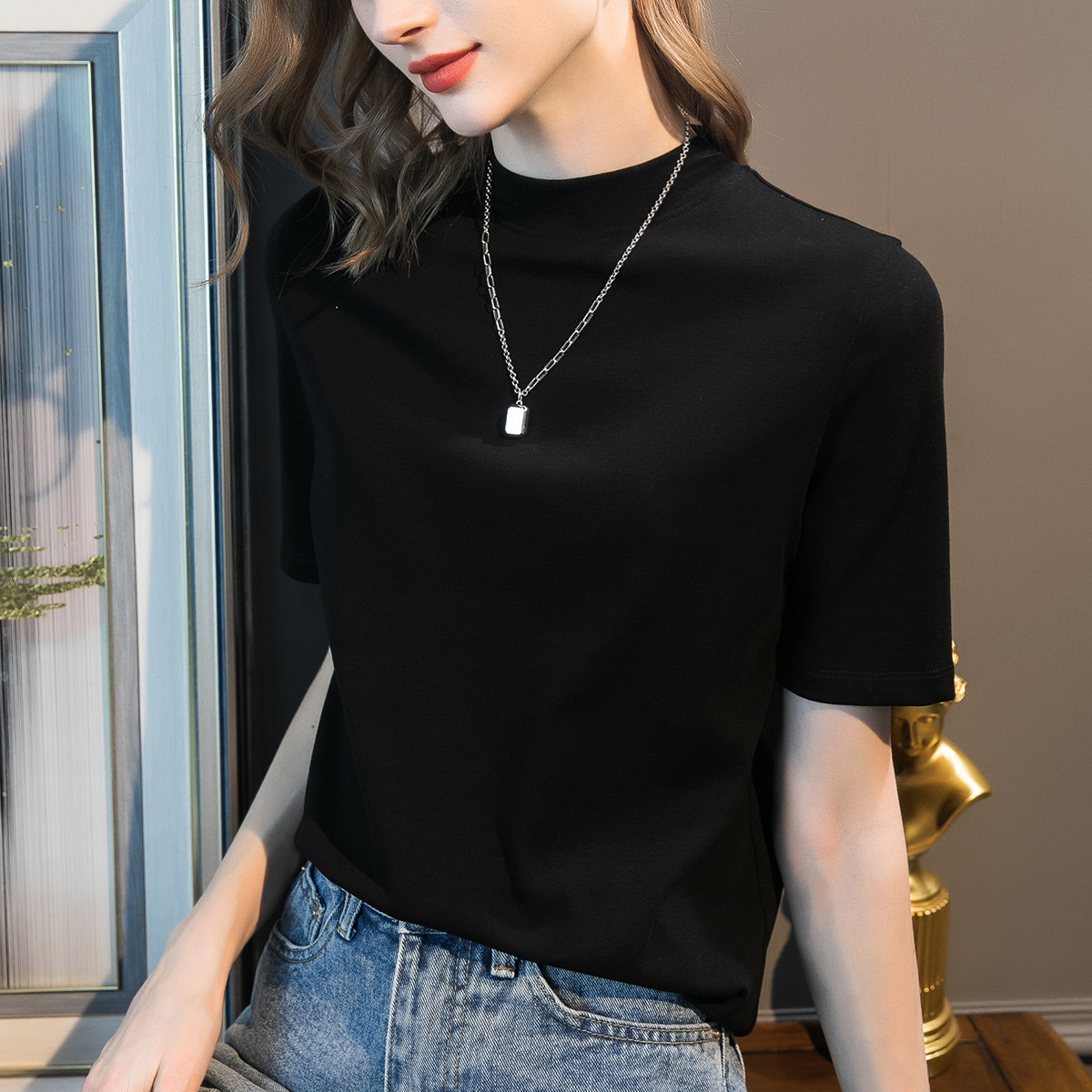 2025秋装新款女装中袖立领设计感半袖t恤女显瘦体恤上衣一件代发