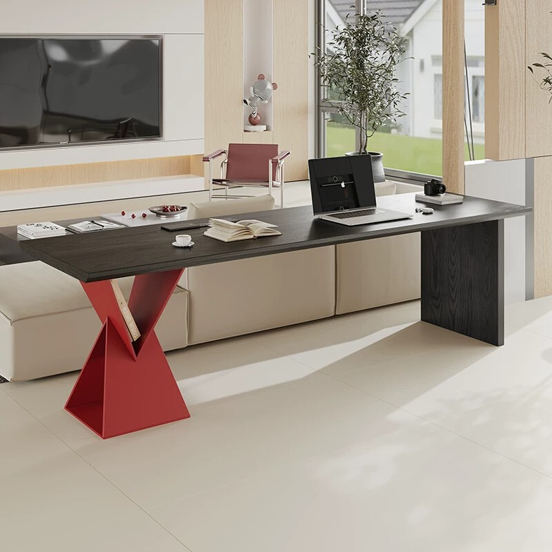 Natural Solid Wood Desk with Socket, Home-Use Large Study-Style Desk That Eliminates the Need for a Separate Living Room, Integrated Table Behind the Sofa, Black Long Table