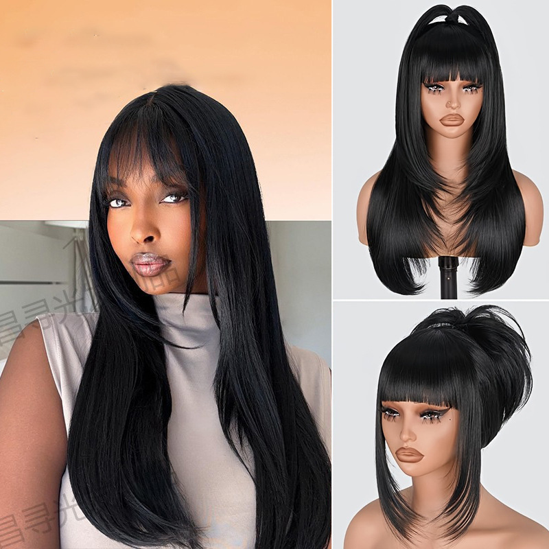 Amazon temu Hot Selling Straight Long Straight Hair Wig Headgear Women's Long Straight Layered Wig Headgear wigs